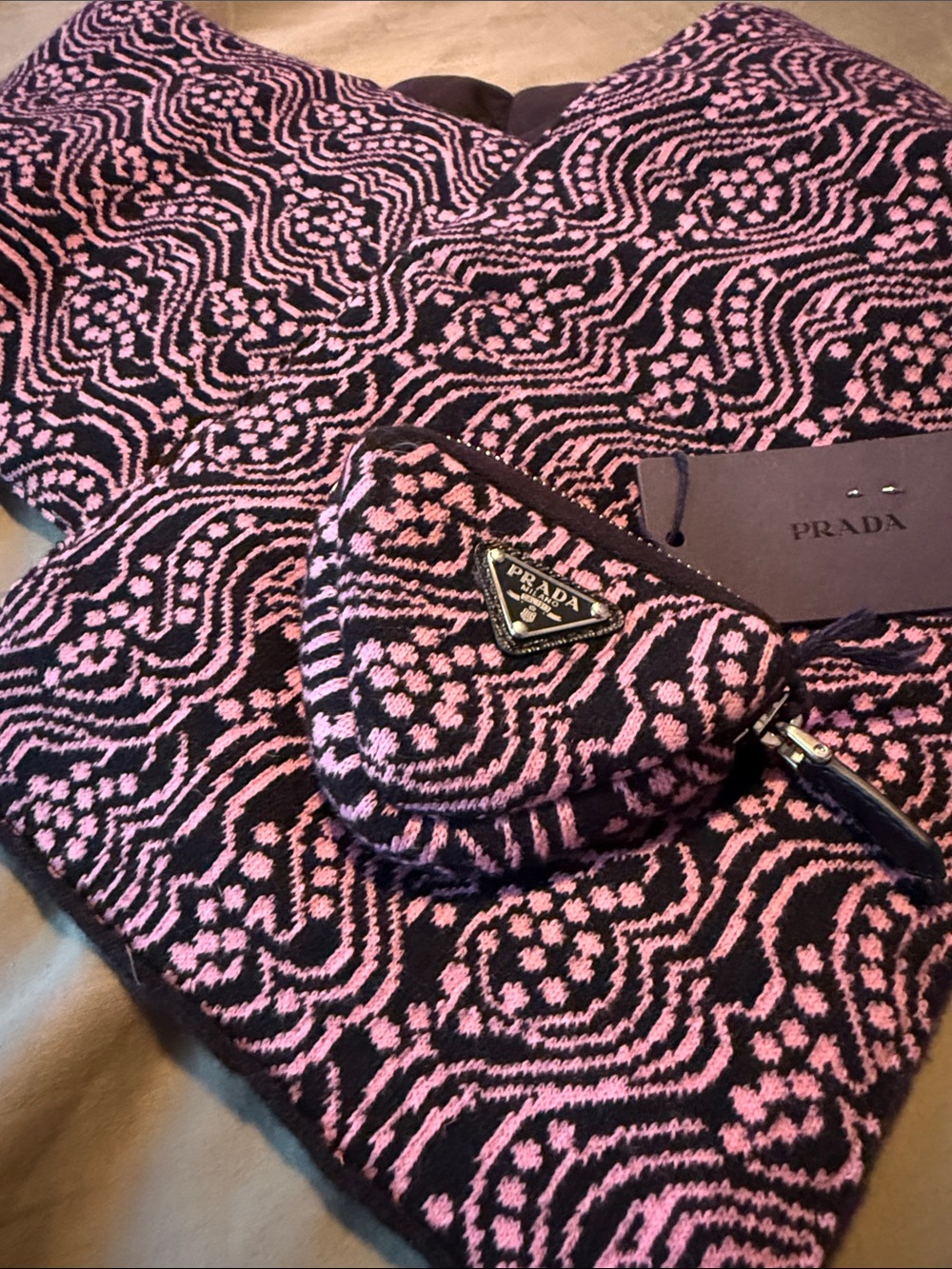 Prada Black and Pink Jacquard Scarf